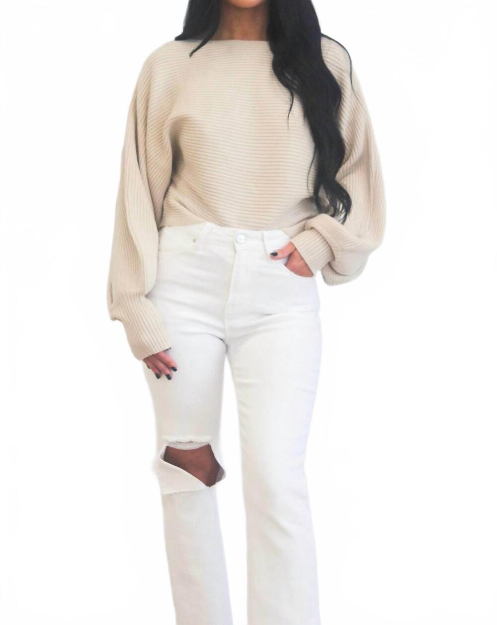 NEW ZENANA staple moment boat neck balloon sleeve sweater in sand beige